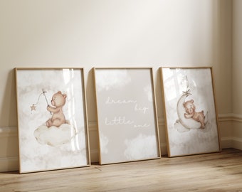 Dream Big Little One, Teddy Bear Neutral Cloud Prints, Conjunto de 3, Beige, Descarga instantánea.