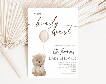 Plantilla Baby Shower, Plantilla Canva, Editable, Oso Bebé, Neutral, Descarga Instantánea, Podemos esperar mucho