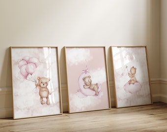 Impresiones de nubes neutras de osito de peluche, juego de 3, rosa oscuro, descarga instantánea.