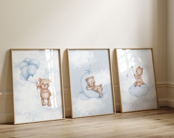 Impresiones de nubes neutras de osito de peluche, juego de 3, azul oscuro, descarga instantánea.