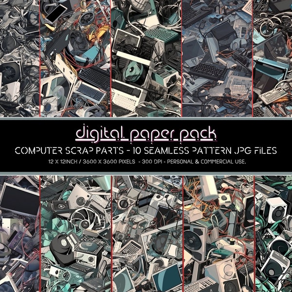 Computer Scrap Parts Patterns - Seamless Digital Paper Pack - Scrapbooking, Digital Background, POD, Amazon KDP, Commercial Use.