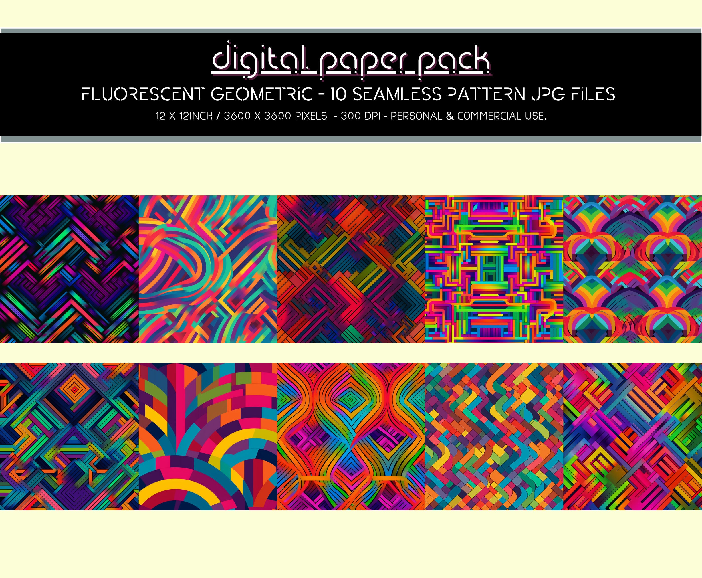 Fluorescent Geometric Patterns Seamless Digital Paper Pack Scrapbooking ...
