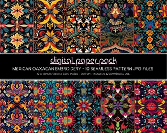 Mexican Oaxacan Embroidery Patterns Seamless Digital Paper Pack Scrapbooking Digital Background POD KDP Commercial Use.