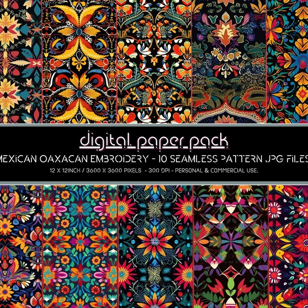 Mexican Oaxacan Embroidery Patterns Seamless Digital Paper Pack Scrapbooking Digital Background POD KDP Commercial Use.