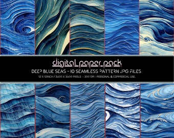 Deep Blue Seas Patterns Seamless Digital Paper Pack Scrapbooking Digital Background POD KDP Commercial Use.