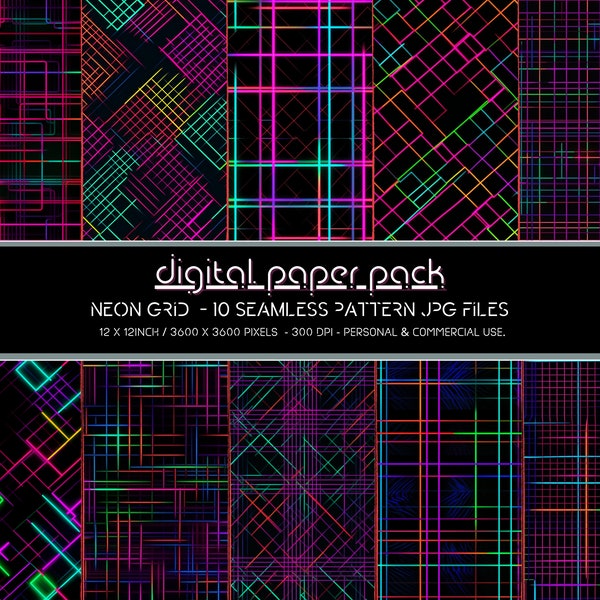 Neon Grid Patterns - Seamless Digital Paper Pack - Scrapbooking, Digital Background, POD, Amazon KDP, Commercial Use.