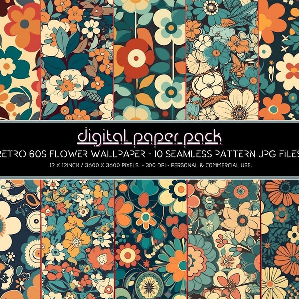 Retro 60s Flower Wallpaper Patterns - Seamless Digital Paper Pack - Scrapbooking, Digital Background, POD, Amazon KDP, Commercial Use.