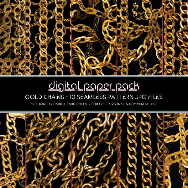 Gold Chains Patterns - Seamless Digital Paper Pack - Scrapbooking, Digital Background, POD, Amazon KDP, Commercial Use.