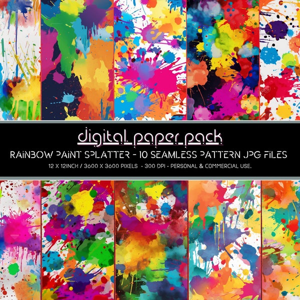 Rainbow Paint Splatter Patterns Seamless Digital Paper Pack Scrapbooking Digital Background POD KDP Commercial Use.