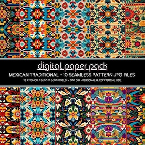 Mexican Traditional Patterns Seamless Digital Paper Pack Scrapbooking Digital Background POD KDP Commercial Use.