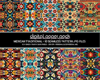 Mexican Traditional Patterns Seamless Digital Paper Pack Scrapbooking Digital Background POD KDP Commercial Use.