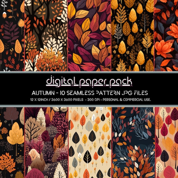 Autumn / Fall Patterns - Seamless Digital Paper Pack - Scrapbooking, Digital Background, POD, Amazon KDP, Commercial Use.