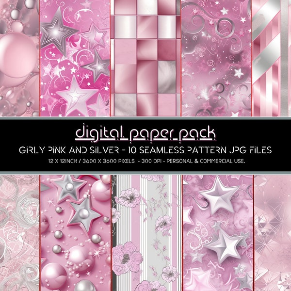 Girly Pink and Silver Patterns - Seamless Digital Paper Pack - Scrapbooking, Digital Background, POD, Amazon KDP, Commercial Use.