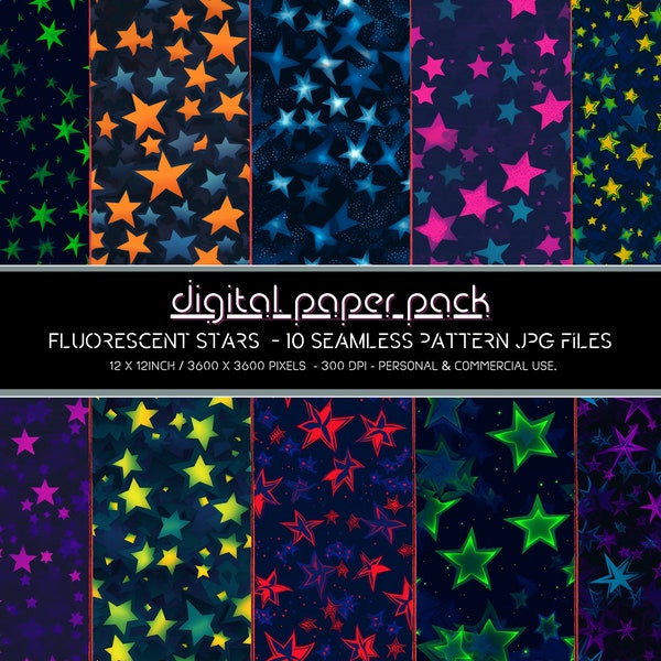 Fluorescent Stars Patterns - Seamless Digital Paper Pack - Scrapbooking, Digital Background, POD, Amazon KDP, Commercial Use.