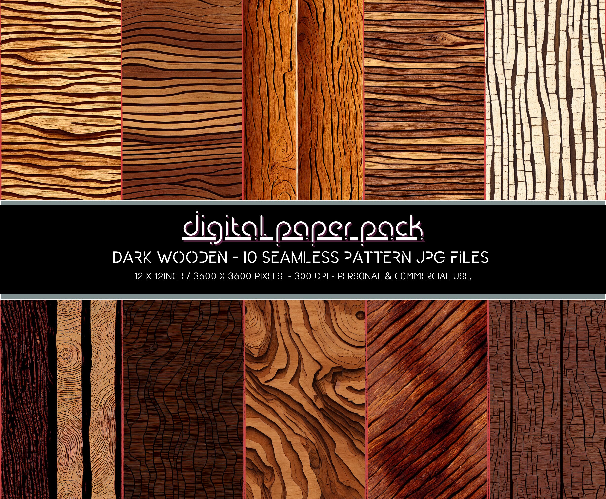 Dark Wooden Patterns Seamless Digital Paper Pack Scrapbooking Digital Background POD KDP Commercial Use.