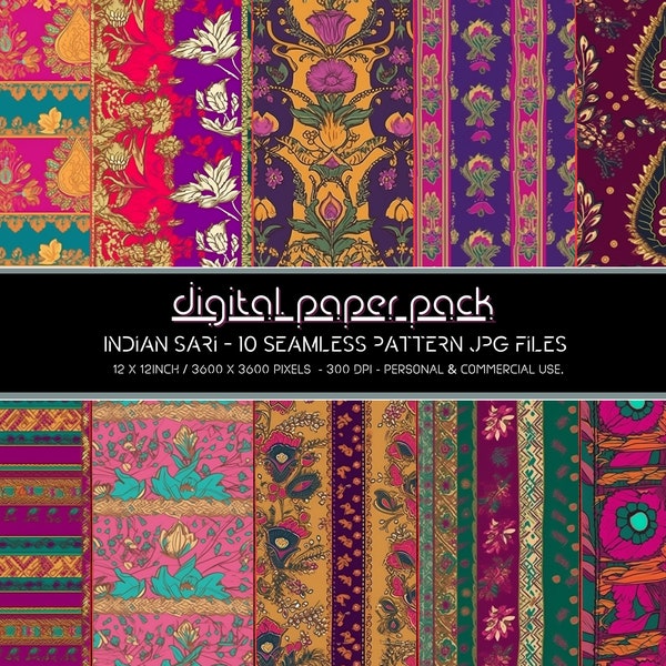Indian Sari Patterns - Seamless Digital Paper Pack - Scrapbooking, Digital Background, POD, Amazon KDP, Commercial Use.