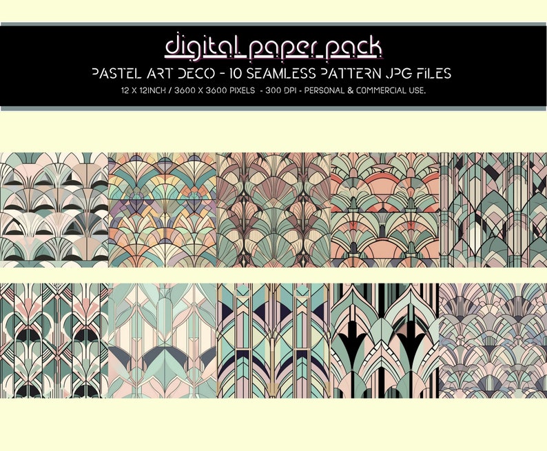 Pastel Art Deco Patterns Seamless Digital Paper Pack Scrapbooking