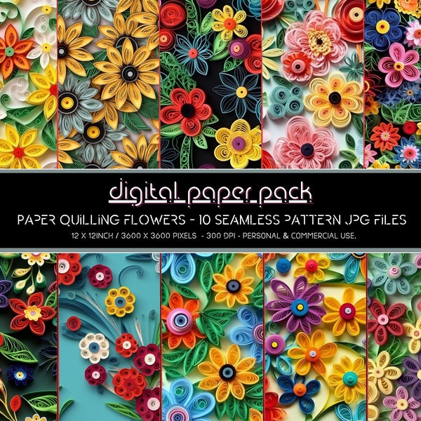 Paper Quilling Flowers Patterns Seamless Digital Paper Pack Scrapbooking Digital Background POD KDP Commercial Use.