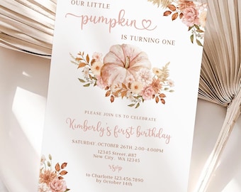 May include: A white and orange pumpkin with fall leaves and flowers. The text "Our little pumpkin is turning one" is at the top of the invitation. The text "Kimberly's first birthday" is in pink. The invitation includes the date, time, and location of the party. RSVP information is at the bottom.