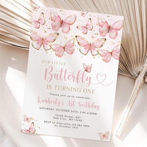 Invito di compleanno a forma di farfalla, invito per il primo compleanno di una bambina, invito per il primo compleanno di una bambina, festa a forma di farfalla per bambine I037
