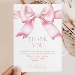 Coquette Pink Bow Bedankkaart, Pink Bow eerste verjaardag bedankje, afdrukbare bedankkaart bewerkbare sjabloon I018