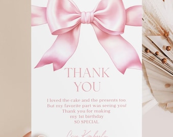 Coquette Pink Bow Thank You Card: First Birthday (Printable Editable Template)