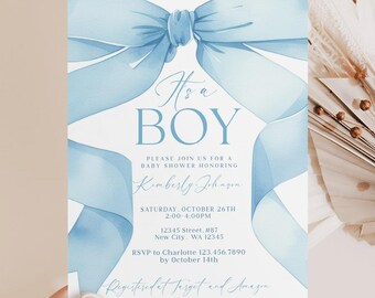 Blue Bow Baby Shower Invitation Template: It's a Boy (Digital Download)