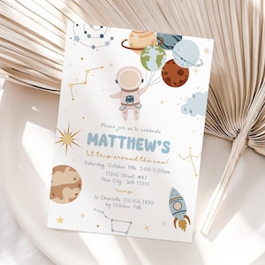 First Trip Around the Sun Invitation, Space Birthday Invitation, 1st Birthday Boy Invite, Astronaut Planets First Birthday Invitation I007