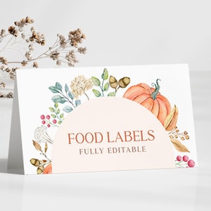 Modelo de cartões de lugar de abóbora, rótulos de alimentos de abóbora, decorações de primeiro aniversário de abóbora, cartões de barraca de comida, modelo de cartões de nome de mesa I010