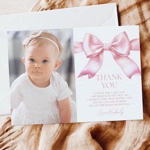 Carte de remerciement coquette rose avec noeud rose, noeud rose pour le premier anniversaire de remerciement, carte de remerciement imprimable avec image modifiable modèle I018