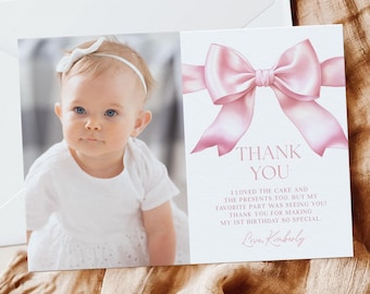 Pink Bow Photo Thank You Card: Coquette First Birthday (Editable Template)