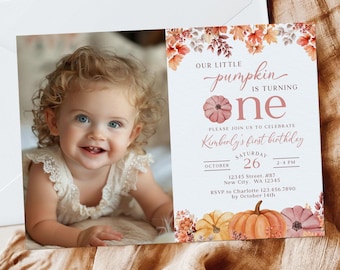 Pumpkin First Birthday Invitation Girl, Fall Photo Invite (Digital Download)