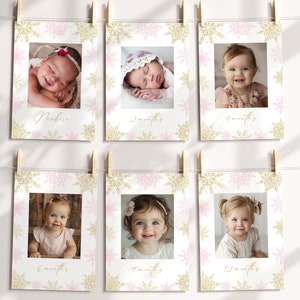 Modèle de bannière photo pour premier anniversaire de l'hiver Onederland, décorations d'anniversaire en or rose pour fille, cartes d'étape mensuelles 1re année modifiables I024