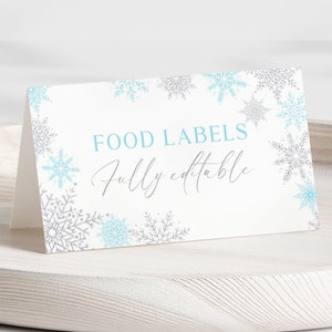 Modèle de marque-places Winter Wonderland, étiquette d'aliment flocons de neige bleu argent, décorations de premier anniversaire, cartes tente de nourriture, carte de nom de table I041