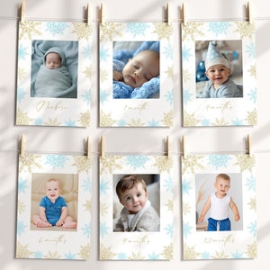 Modèle de bannière photo pour premier anniversaire de l'hiver Onederland, décorations d'anniversaire en or bleu pour garçon, cartes d'étape mensuelles 1re année modifiables I025