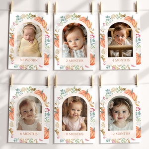Modèle de bannière photo citrouille premier anniversaire, nos petites décorations d'anniversaire citrouilles, cartes d'étape mensuelles 1ère année modifiables I010