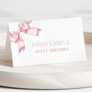 Modelo de cartões de lugar com laço rosa Coquette, rótulos de comida com laço rosa, decorações de primeiro aniversário, cartões de barraca de comida, modelo de cartões de nome de mesa I018