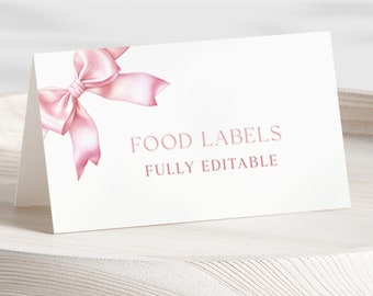 May include: A white card with a pink bow on the top left corner. The card says "FOOD LABELS FULLY EDITABLE".