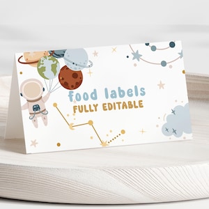 Modèle de Marque-places dans l'espace, Étiquettes d'aliments dans l'espace, Décorations du premier anniversaire de la galaxie, Cartes de vœux pour restaurant, Cartes de nom de table Modèle I007