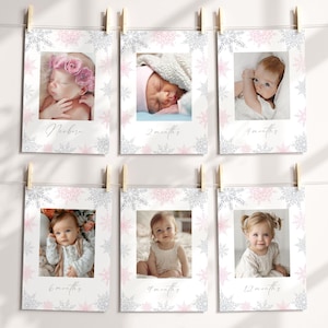 Modèle de bannière photo pour premier anniversaire de l'hiver Onederland, décorations d'anniversaire rose argenté pour fille, cartes d'étape mensuelles 1re année modifiables I036