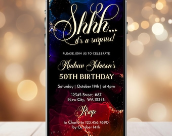 Surprise Birthday Evite: Blue, Red, Gold Mobile Invitation (Digital)