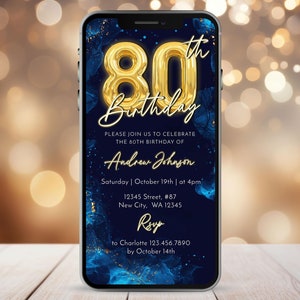 Digital 80th Birthday Party Invitation, Navy Blue Gold Mobile Invite, Phone Text Message Evite for Men Editable Template A010