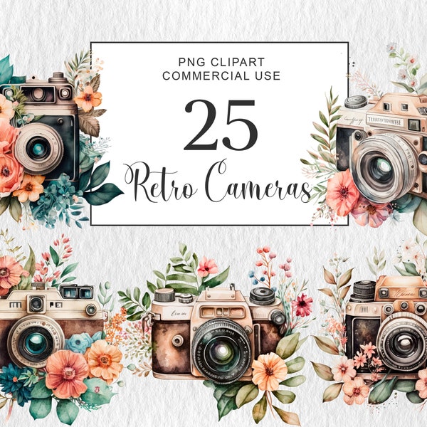 Watercolor Retro Camera with flowers  clipart PNG Watercolor Photo Camera Clipart, Flower Clipart, Instant Download