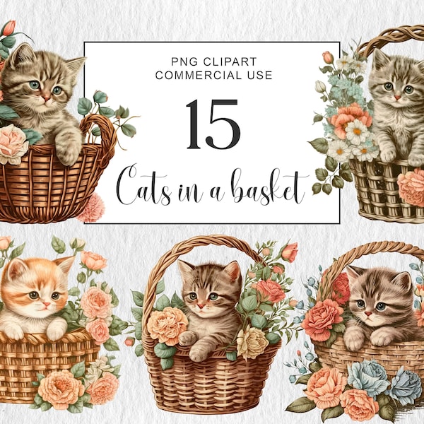 Vintage Cats clipart Watercolor Kitten in a Basket Clipart, Vintage Cat in Basket png, Cats with flowers Clipart, Instant Download