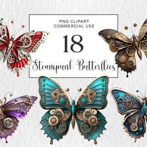 Clipart farfalla Steampunk, Clipart farfalla meccanica, PNG farfalla di metallo colorata, Download immediato