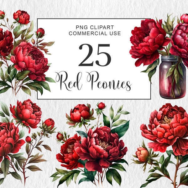 Watercolor Red Peony Flowers Clipart, Vintage Peony Bouquets png clipart, Peony Weaths Clipart for invitation junk journal, Instant Download