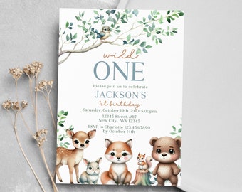Woodland Animals 1st Birthday Invitation: Wild One Theme (Digital Download)