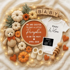 Plantilla digital de Canva para anuncio de embarazo de otoño. Anuncio de bebé editable de Little Pumpkin. Género neutro. Redes sociales.