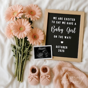 Babymitteilung Canva Vorlage Bearbeitbares Baby Mädchen offenbaren Schwangerschaftsankündigung Digitaler Briefbrettstil für Social Media Post