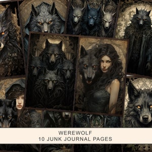 Peut inclure: Un collage de 10 pages imprimables numériques représentant des images de loups dans différentes poses. Les images sont dans un style sombre et gothique avec une esthétique vintage. Le texte "WEREWOLF 10 JUNK JOURNAL PAGES" est en bas du collage.
